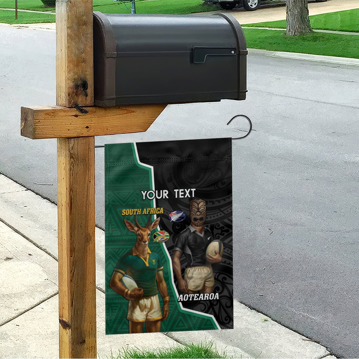 Personalised New Zealand And South Africa Rugby Garden Flag 2024 All Black Springboks Mascots Together LT14 - Polynesian Pride