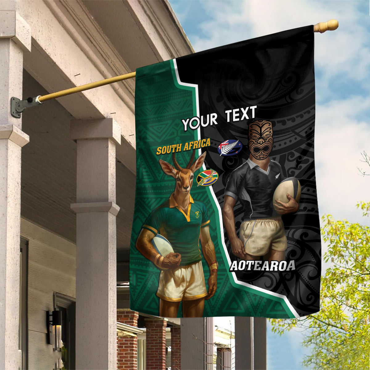 Personalised New Zealand And South Africa Rugby Garden Flag 2024 All Black Springboks Mascots Together LT14 House Flag Green - Polynesian Pride