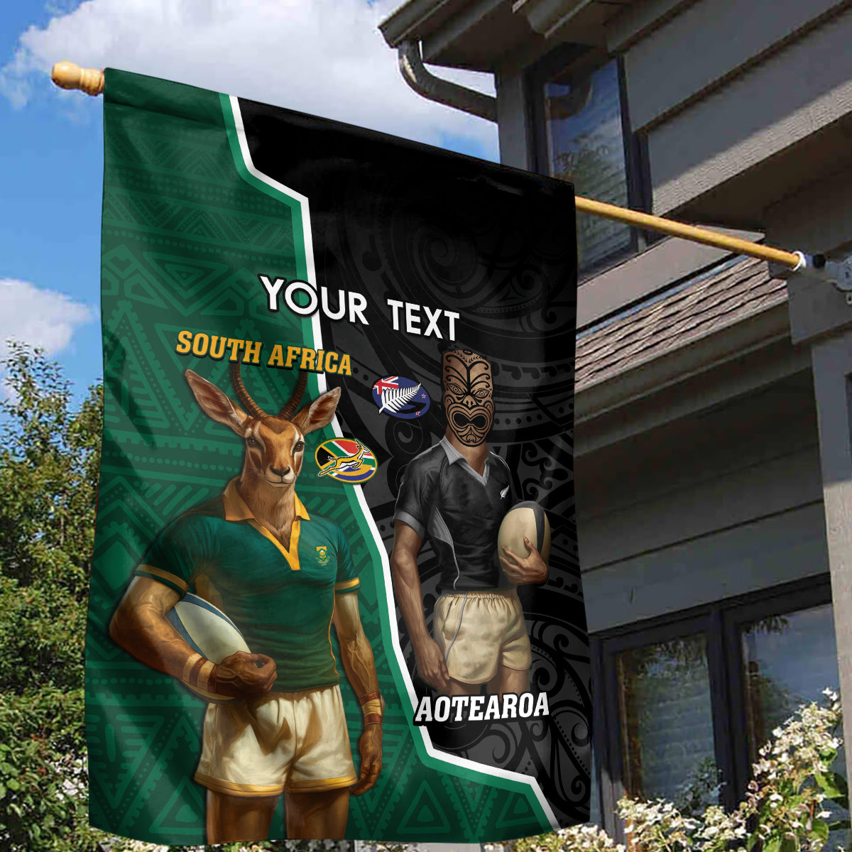 Personalised New Zealand And South Africa Rugby Garden Flag 2024 All Black Springboks Mascots Together LT14 - Polynesian Pride