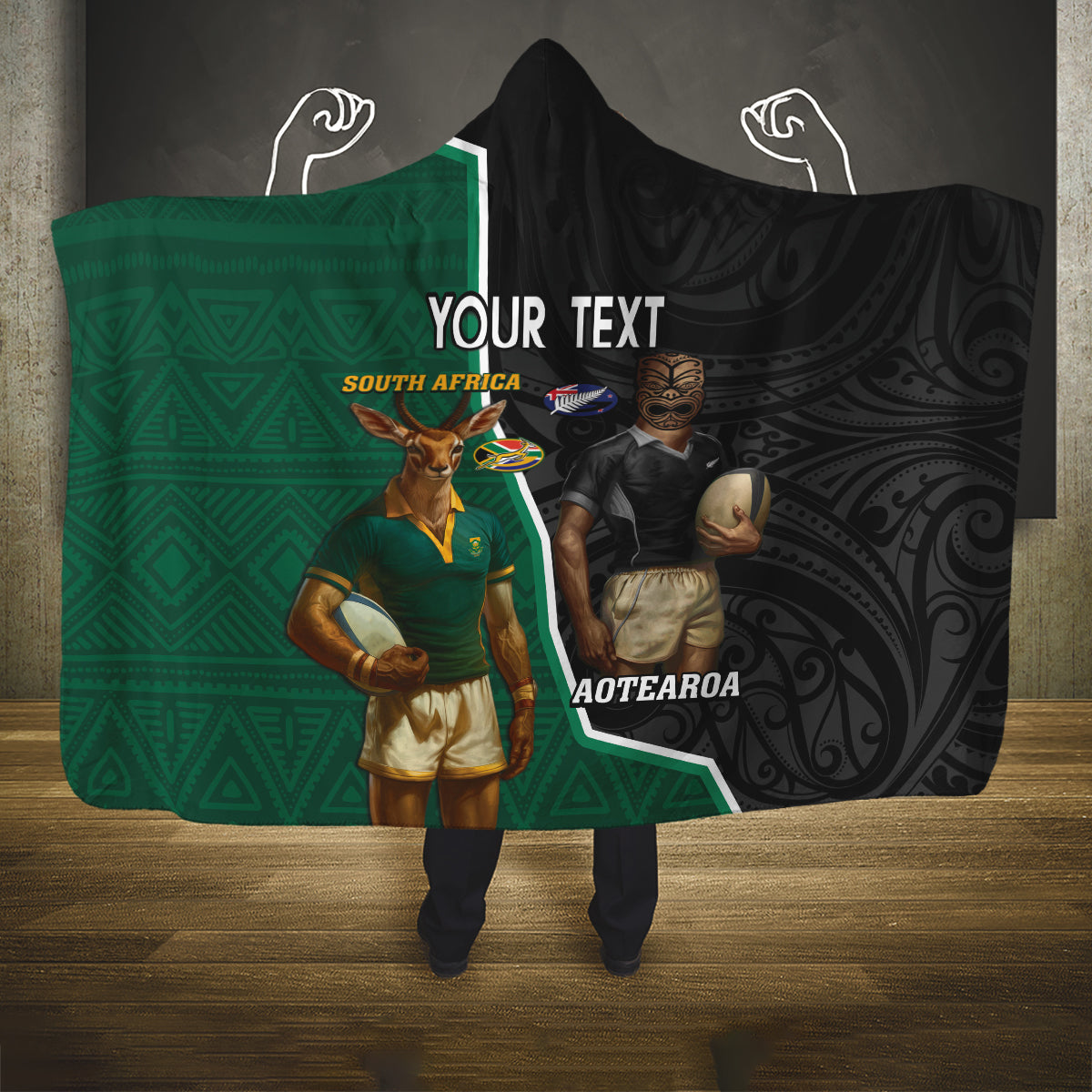 Personalised New Zealand And South Africa Rugby Hooded Blanket 2024 All Black Springboks Mascots Together LT14 One Size Green - Polynesian Pride