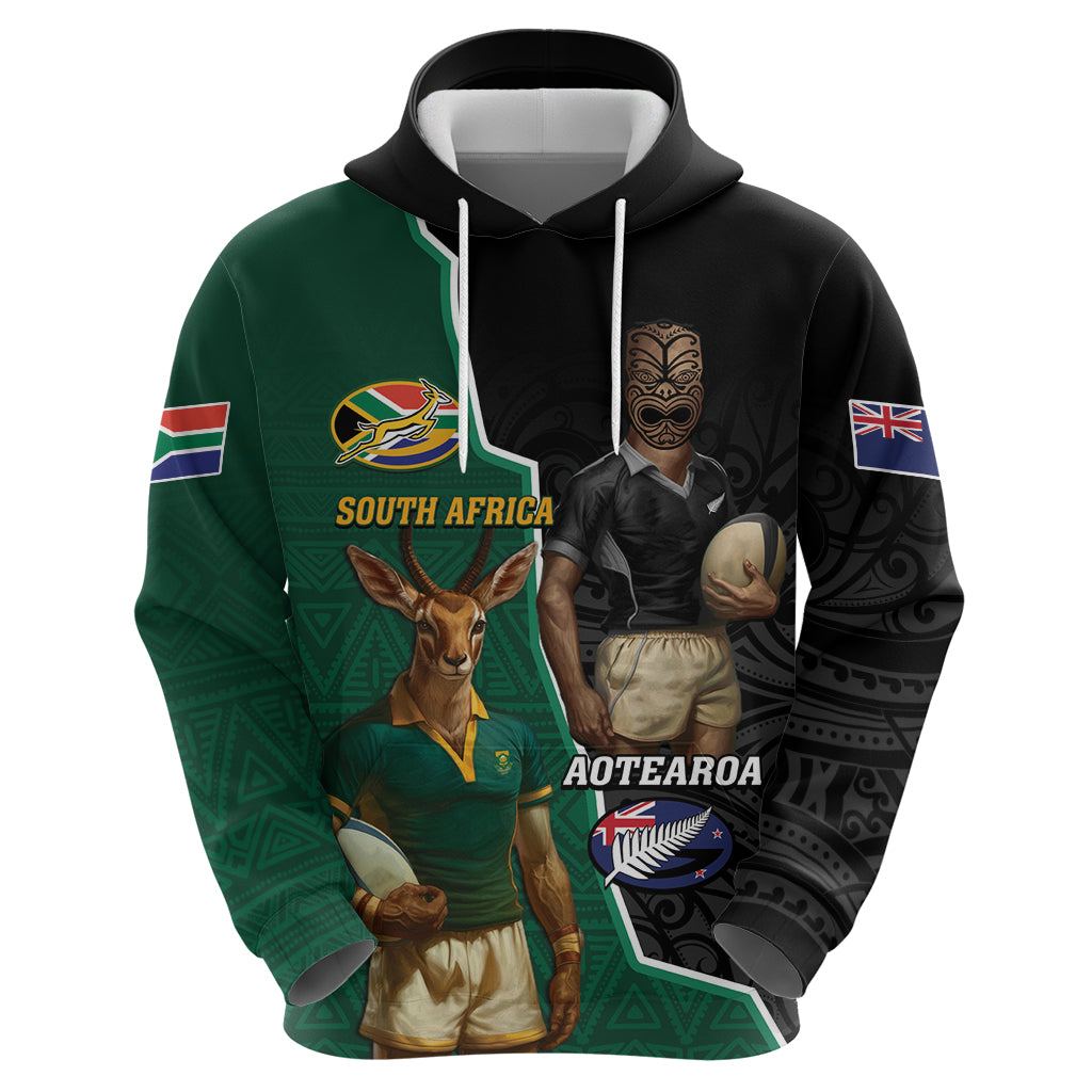 Personalised New Zealand And South Africa Rugby Hoodie 2024 All Black Springboks Mascots Together LT14 - Polynesian Pride