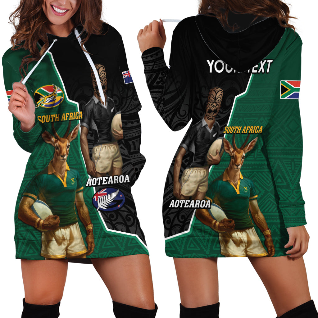 Personalised New Zealand And South Africa Rugby Hoodie Dress 2024 All Black Springboks Mascots Together LT14 - Polynesian Pride