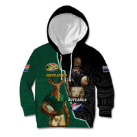 Personalised New Zealand And South Africa Rugby Kid Hoodie 2024 All Black Springboks Mascots Together LT14 Hoodie Green - Polynesian Pride