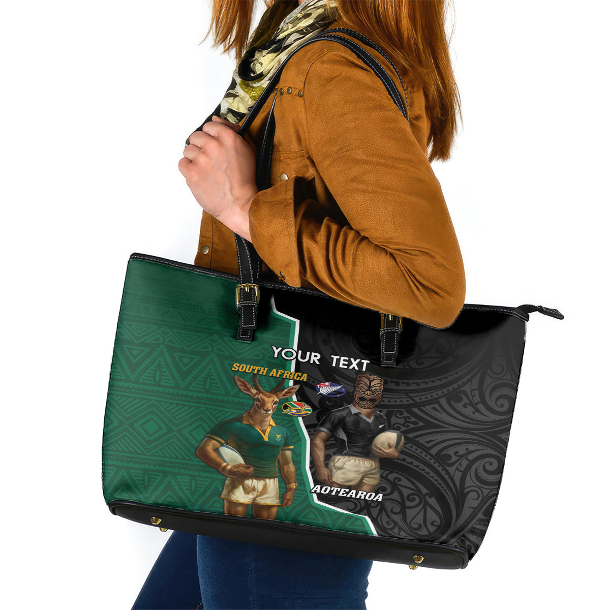 Personalised New Zealand And South Africa Rugby Leather Tote Bag 2024 All Black Springboks Mascots Together LT14 Green - Polynesian Pride