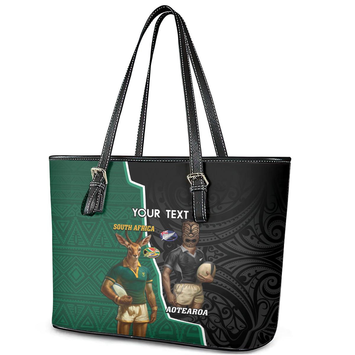 Personalised New Zealand And South Africa Rugby Leather Tote Bag 2024 All Black Springboks Mascots Together LT14 - Polynesian Pride