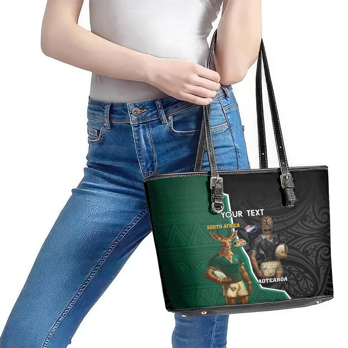 Personalised New Zealand And South Africa Rugby Leather Tote Bag 2024 All Black Springboks Mascots Together LT14 - Polynesian Pride