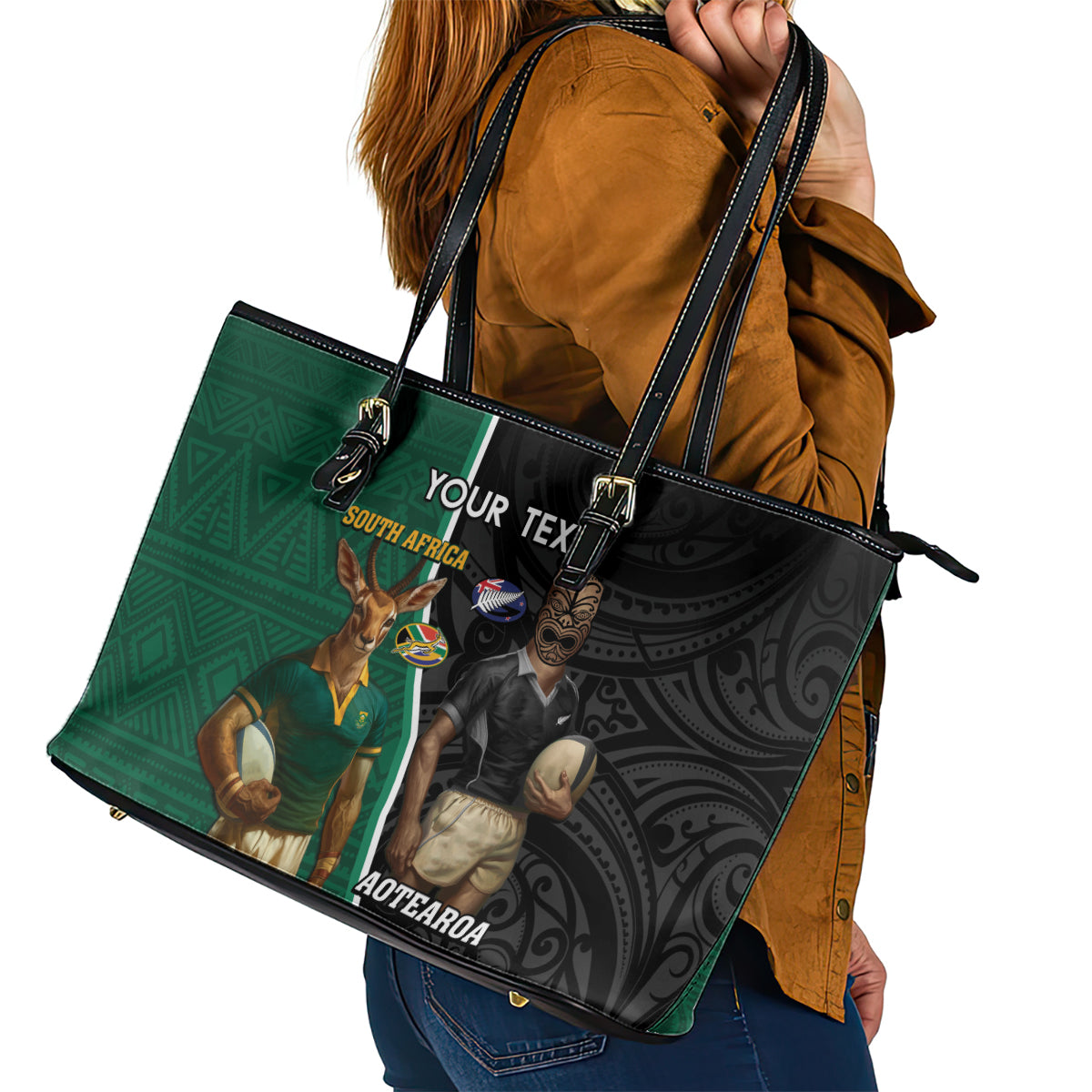 Personalised New Zealand And South Africa Rugby Leather Tote Bag 2024 All Black Springboks Mascots Together LT14 - Polynesian Pride