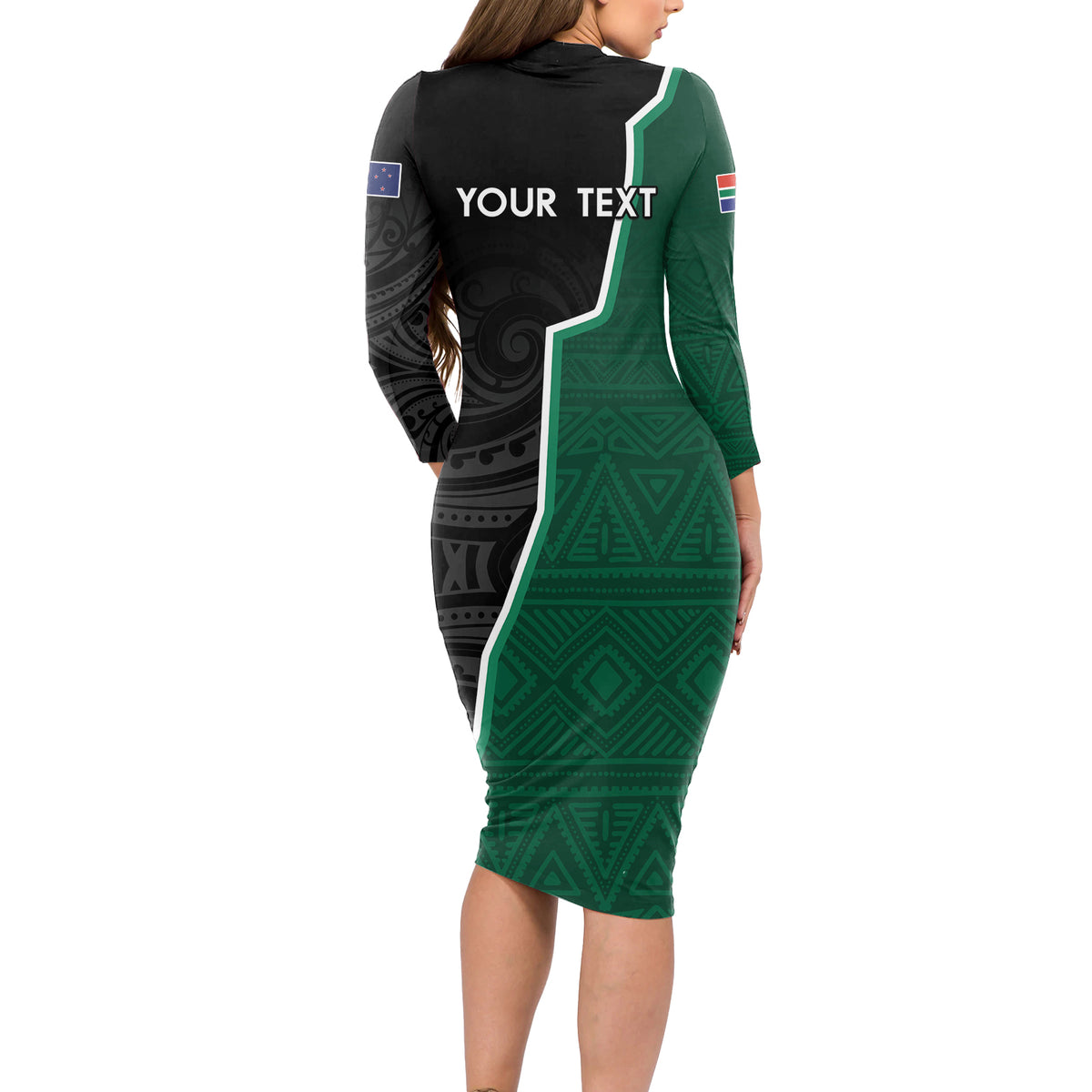 Personalised New Zealand And South Africa Rugby Long Sleeve Bodycon Dress 2024 All Black Springboks Mascots Together LT14 - Polynesian Pride