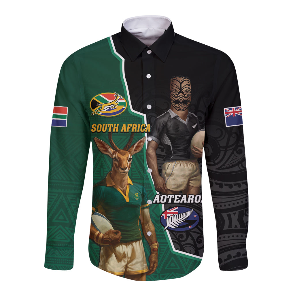 Personalised New Zealand And South Africa Rugby Long Sleeve Button Shirt 2024 All Black Springboks Mascots Together LT14 Unisex Green - Polynesian Pride