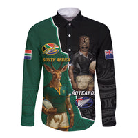 Personalised New Zealand And South Africa Rugby Long Sleeve Button Shirt 2024 All Black Springboks Mascots Together LT14 Unisex Green - Polynesian Pride
