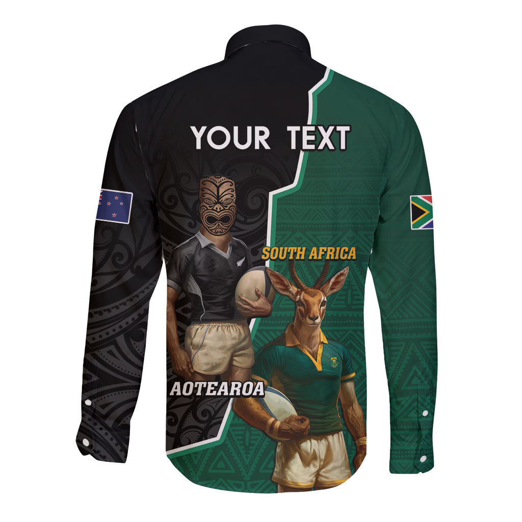 Personalised New Zealand And South Africa Rugby Long Sleeve Button Shirt 2024 All Black Springboks Mascots Together LT14 - Polynesian Pride