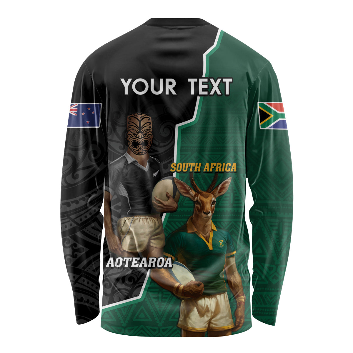 Personalised New Zealand And South Africa Rugby Long Sleeve Shirt 2024 All Black Springboks Mascots Together LT14 - Polynesian Pride