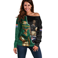 Personalised New Zealand And South Africa Rugby Off Shoulder Sweater 2024 All Black Springboks Mascots Together LT14 Women Green - Polynesian Pride