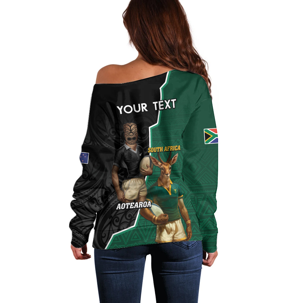 Personalised New Zealand And South Africa Rugby Off Shoulder Sweater 2024 All Black Springboks Mascots Together LT14 - Polynesian Pride