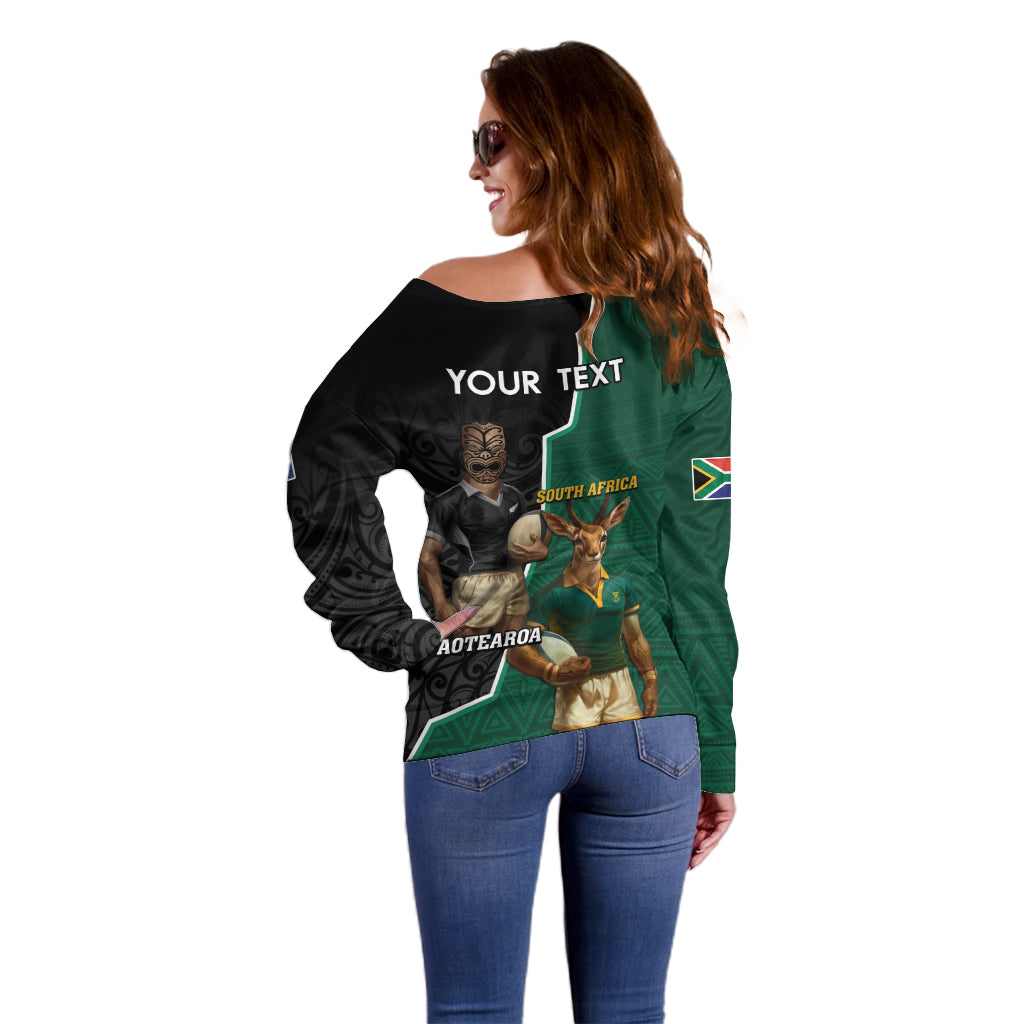 Personalised New Zealand And South Africa Rugby Off Shoulder Sweater 2024 All Black Springboks Mascots Together LT14 - Polynesian Pride