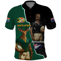 Personalised New Zealand And South Africa Rugby Polo Shirt 2024 All Black Springboks Mascots Together LT14 Green - Polynesian Pride