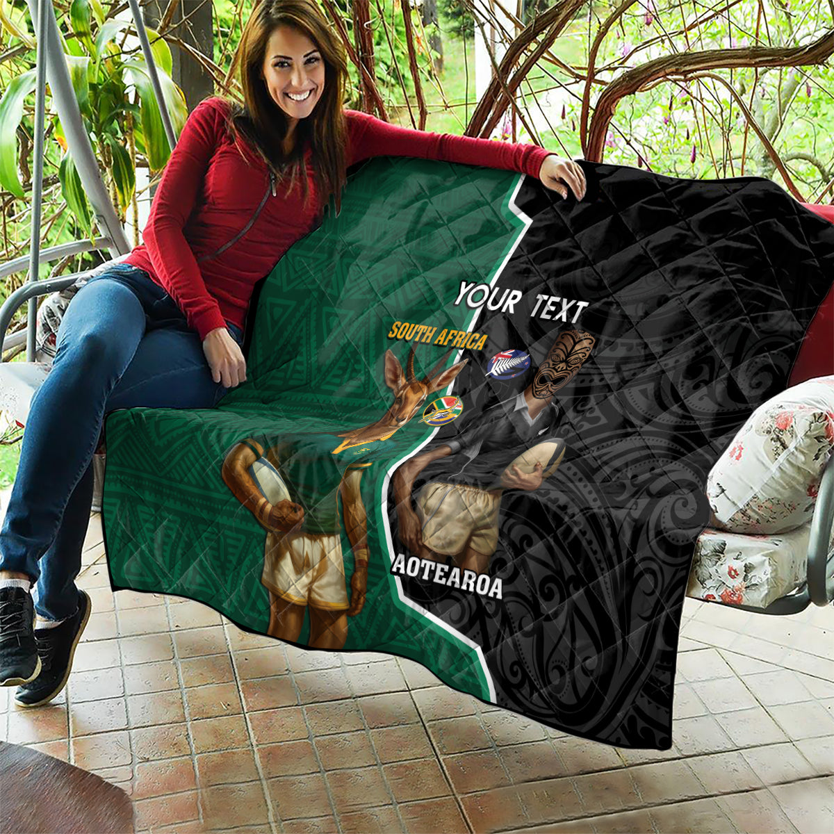 Personalised New Zealand And South Africa Rugby Quilt 2024 All Black Springboks Mascots Together LT14 - Polynesian Pride