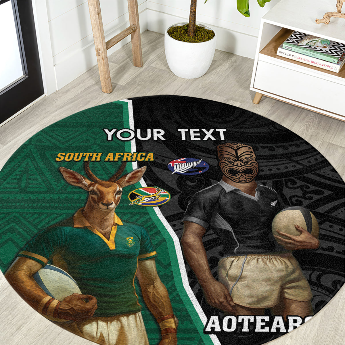 Personalised New Zealand And South Africa Rugby Round Carpet 2024 All Black Springboks Mascots Together LT14 Green - Polynesian Pride