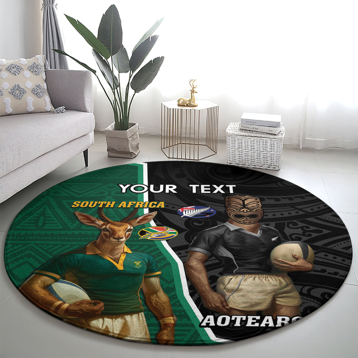 Personalised New Zealand And South Africa Rugby Round Carpet 2024 All Black Springboks Mascots Together LT14 - Polynesian Pride