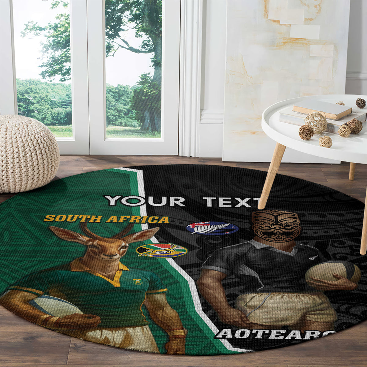 Personalised New Zealand And South Africa Rugby Round Carpet 2024 All Black Springboks Mascots Together LT14 - Polynesian Pride