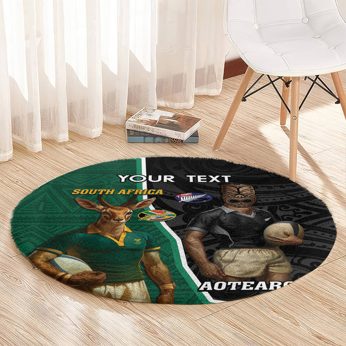 Personalised New Zealand And South Africa Rugby Round Carpet 2024 All Black Springboks Mascots Together LT14 - Polynesian Pride