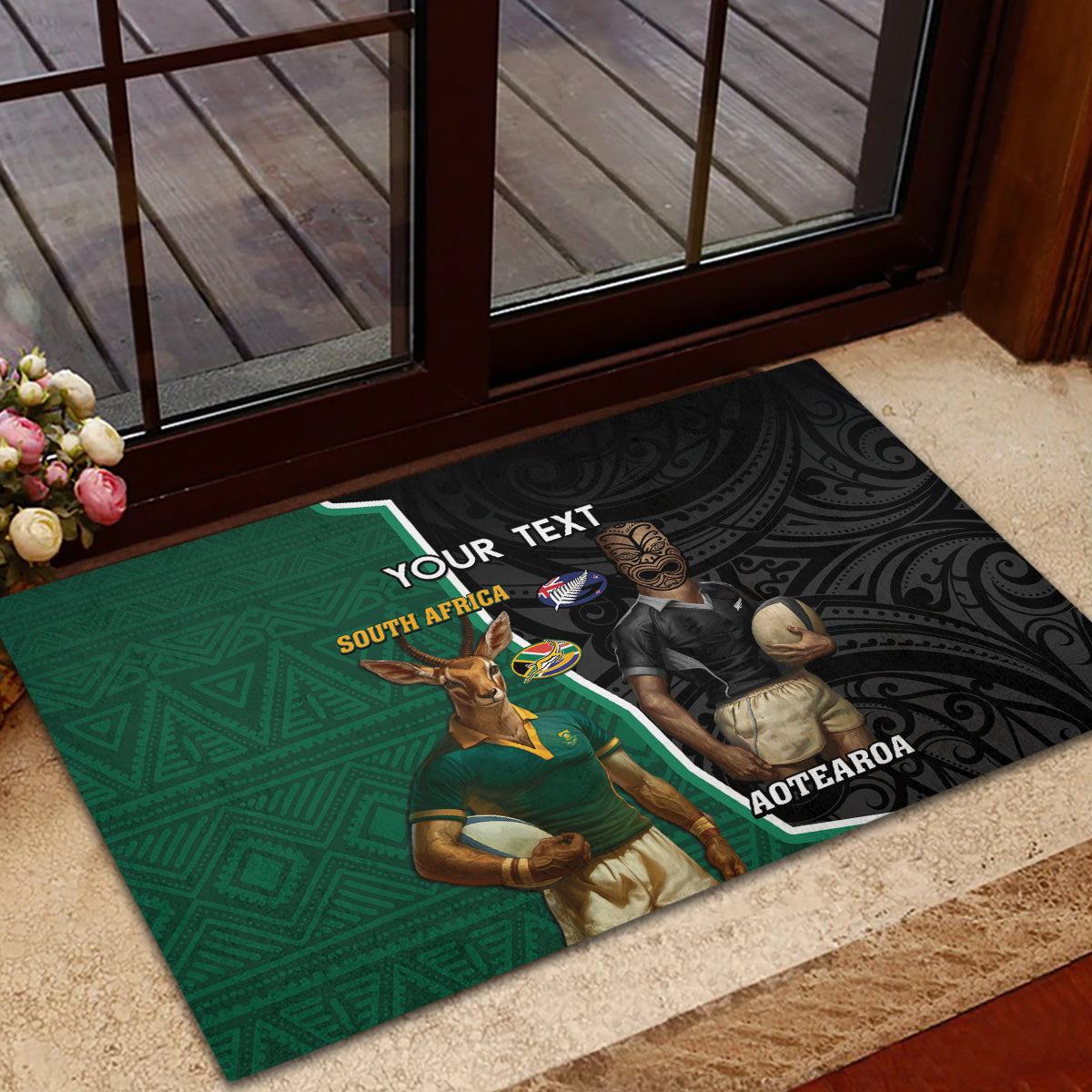 Personalised New Zealand And South Africa Rugby Rubber Doormat 2024 All Black Springboks Mascots Together LT14 - Polynesian Pride