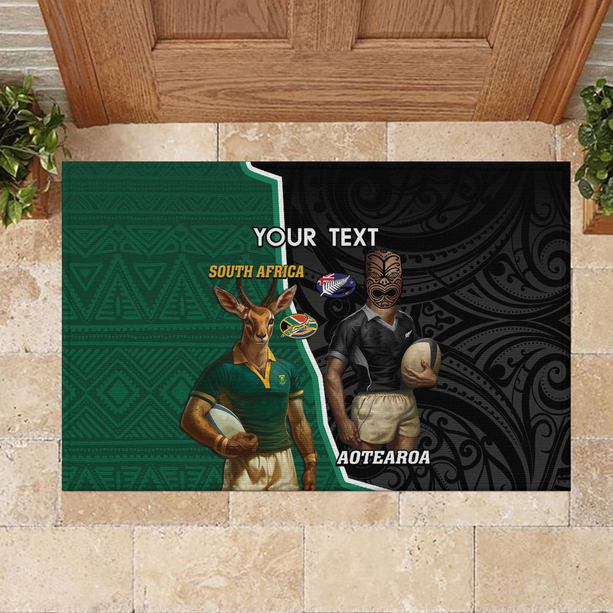 Personalised New Zealand And South Africa Rugby Rubber Doormat 2024 All Black Springboks Mascots Together LT14 - Polynesian Pride