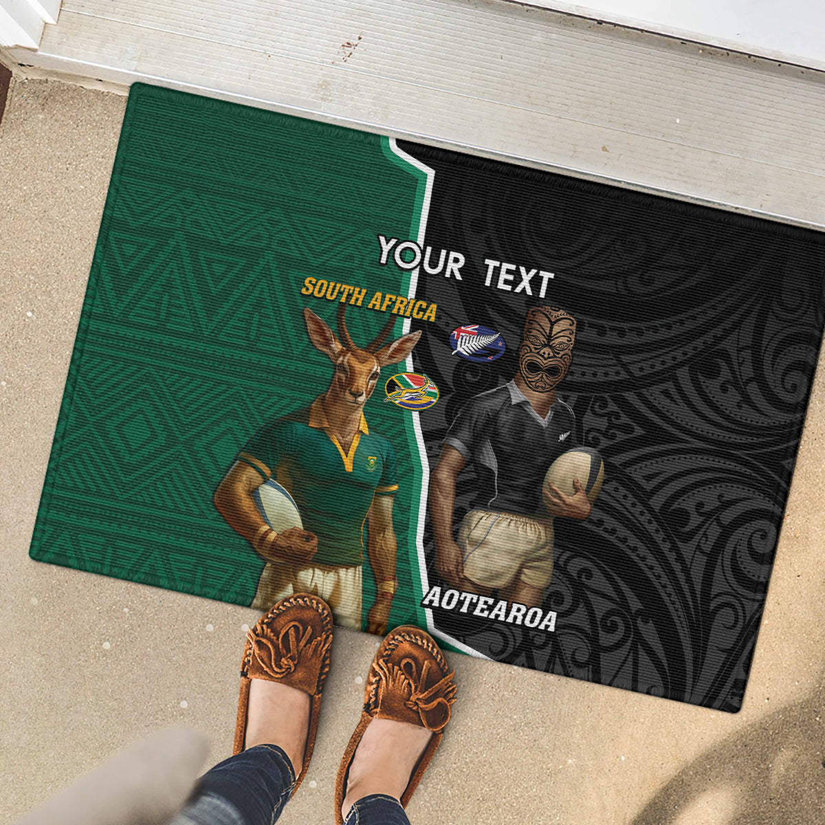 Personalised New Zealand And South Africa Rugby Rubber Doormat 2024 All Black Springboks Mascots Together LT14 - Polynesian Pride