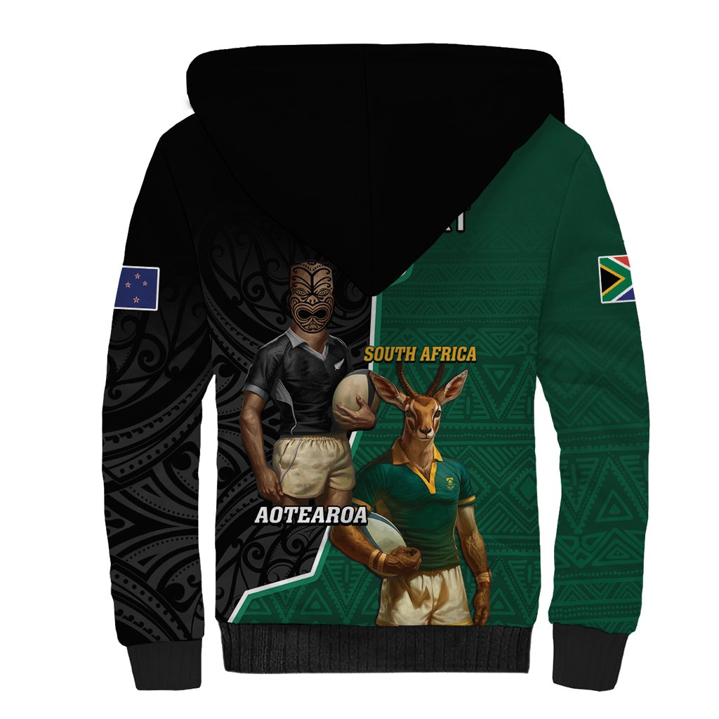 Personalised New Zealand And South Africa Rugby Sherpa Hoodie 2024 All Black Springboks Mascots Together LT14 - Polynesian Pride