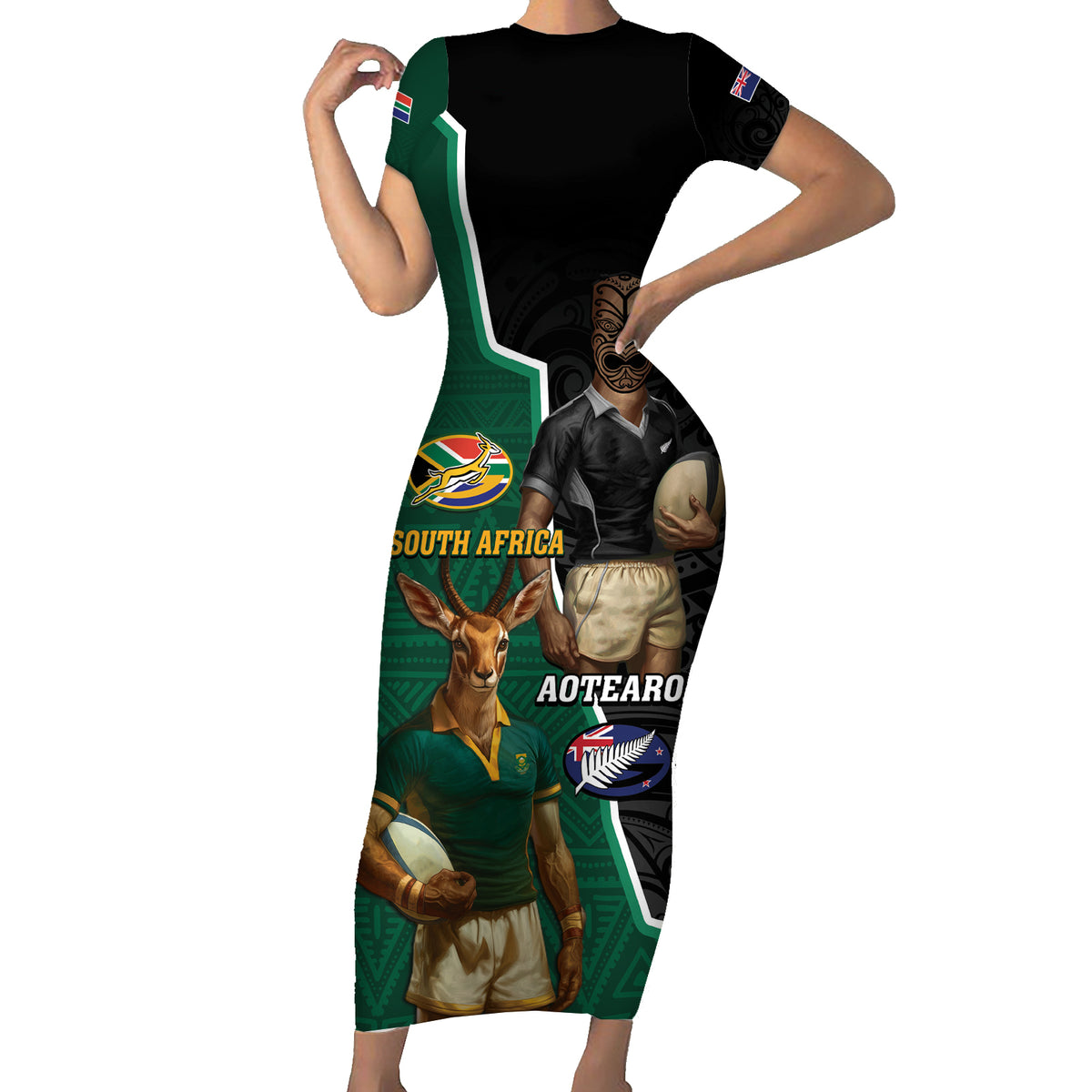 Personalised New Zealand And South Africa Rugby Short Sleeve Bodycon Dress 2024 All Black Springboks Mascots Together LT14 Long Dress Green - Polynesian Pride