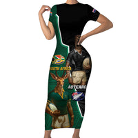 Personalised New Zealand And South Africa Rugby Short Sleeve Bodycon Dress 2024 All Black Springboks Mascots Together LT14 Long Dress Green - Polynesian Pride