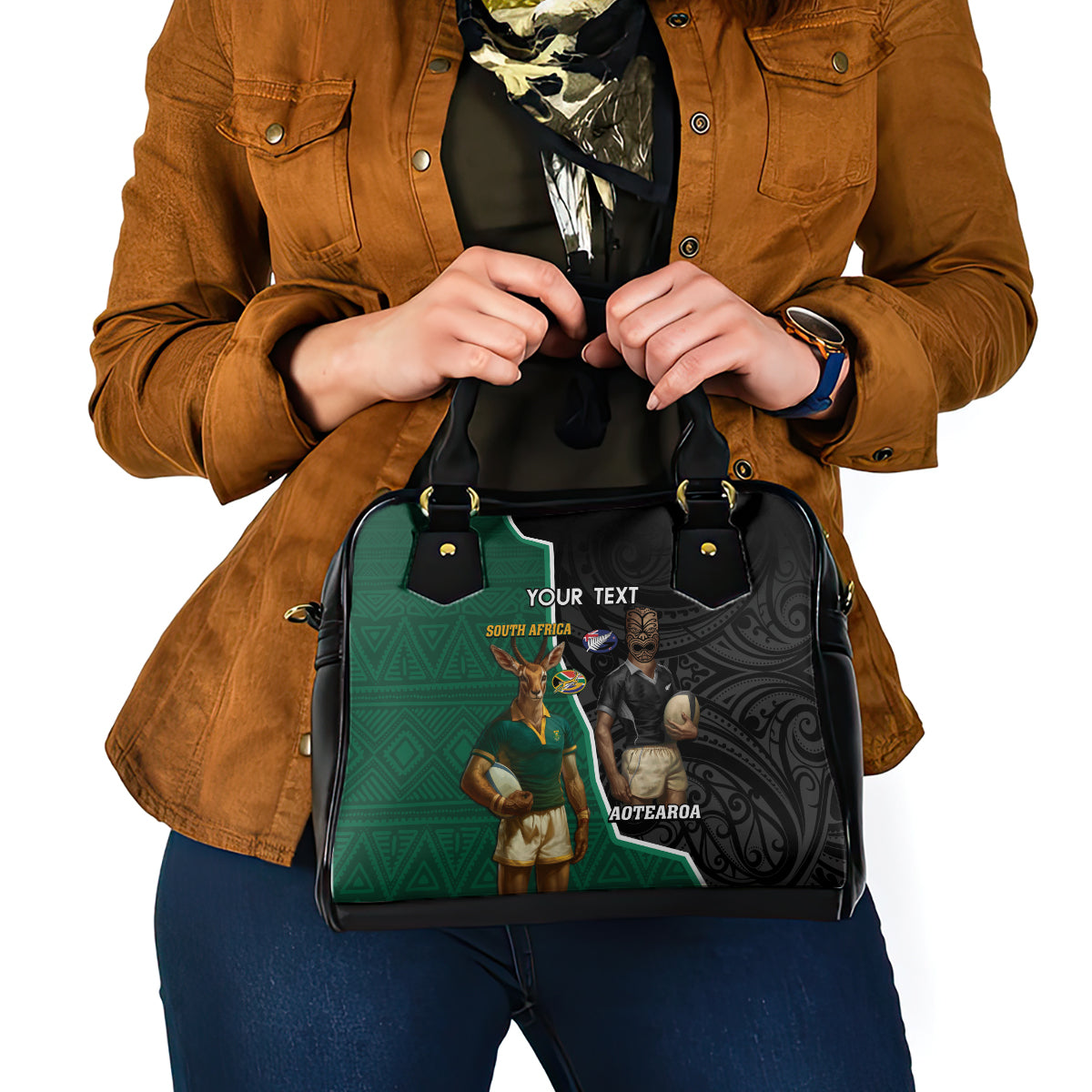 Personalised New Zealand And South Africa Rugby Shoulder Handbag 2024 All Black Springboks Mascots Together LT14 - Polynesian Pride
