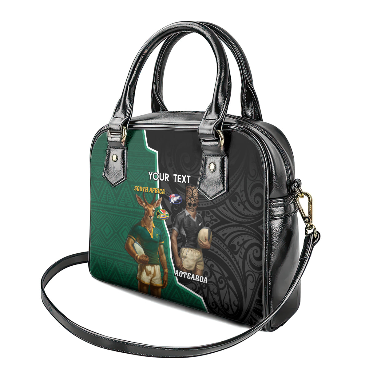 Personalised New Zealand And South Africa Rugby Shoulder Handbag 2024 All Black Springboks Mascots Together LT14 - Polynesian Pride