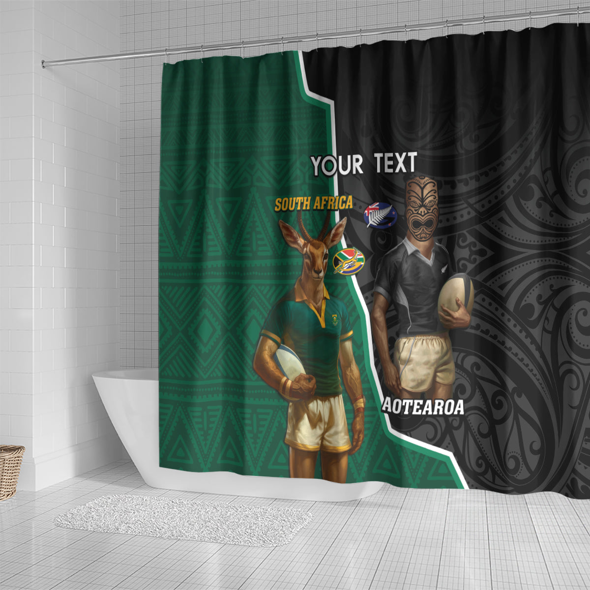 Personalised New Zealand And South Africa Rugby Shower Curtain 2024 All Black Springboks Mascots Together LT14 - Polynesian Pride