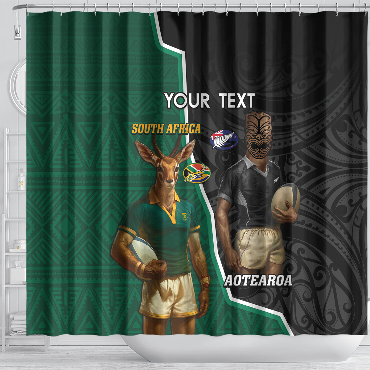 Personalised New Zealand And South Africa Rugby Shower Curtain 2024 All Black Springboks Mascots Together LT14 - Polynesian Pride