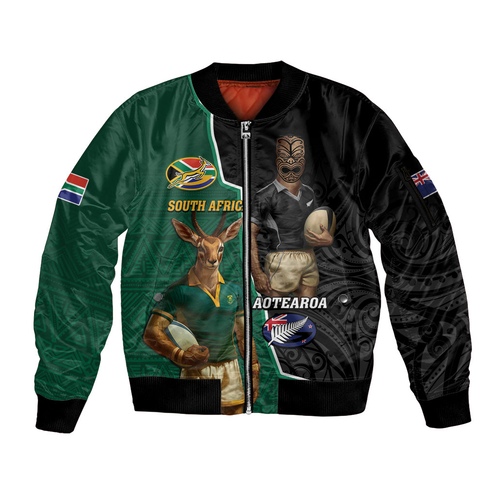 Personalised New Zealand And South Africa Rugby Sleeve Zip Bomber Jacket 2024 All Black Springboks Mascots Together LT14 Unisex Green - Polynesian Pride