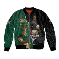 Personalised New Zealand And South Africa Rugby Sleeve Zip Bomber Jacket 2024 All Black Springboks Mascots Together LT14 Unisex Green - Polynesian Pride