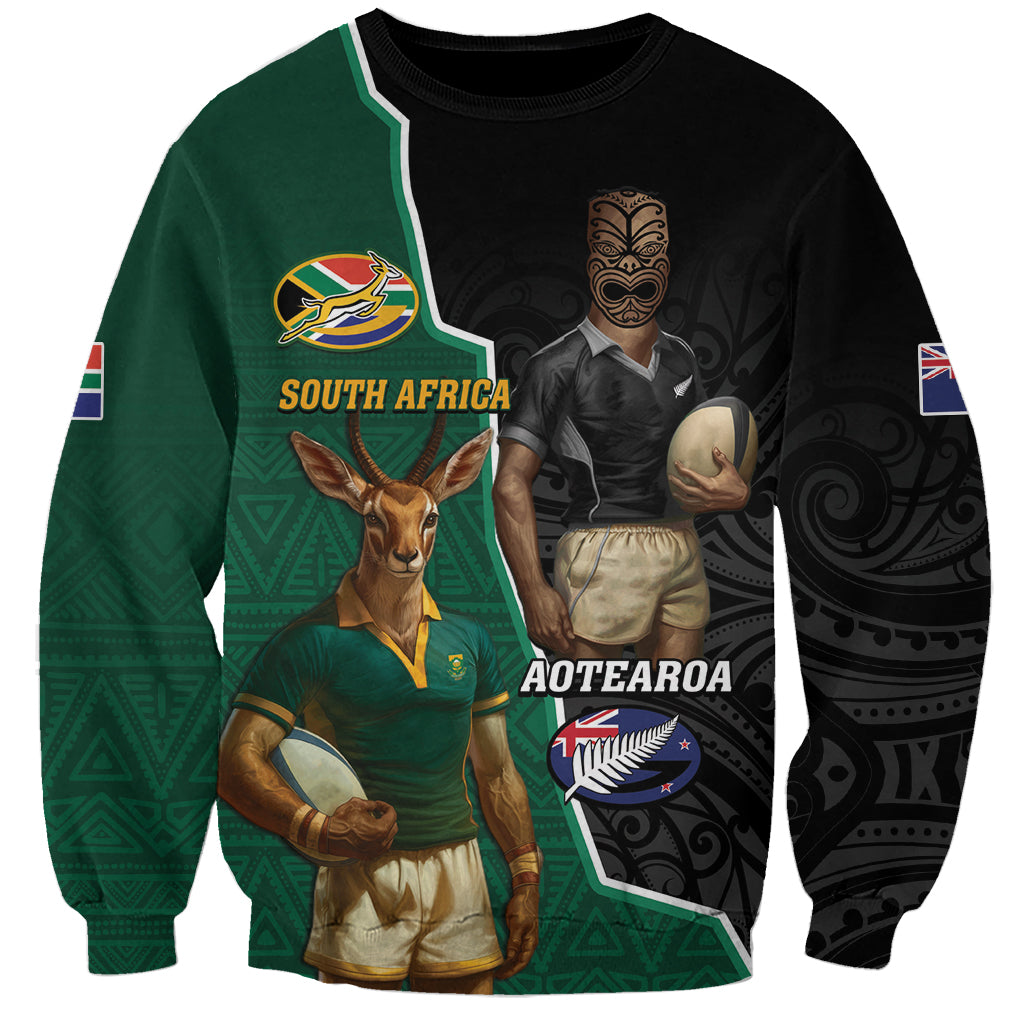Personalised New Zealand And South Africa Rugby Sweatshirt 2024 All Black Springboks Mascots Together LT14 Unisex Green - Polynesian Pride