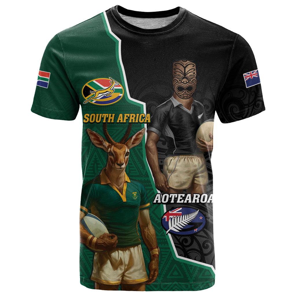 Personalised New Zealand And South Africa Rugby T Shirt 2024 All Black Springboks Mascots Together LT14 Green - Polynesian Pride