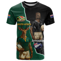 Personalised New Zealand And South Africa Rugby T Shirt 2024 All Black Springboks Mascots Together LT14 Green - Polynesian Pride
