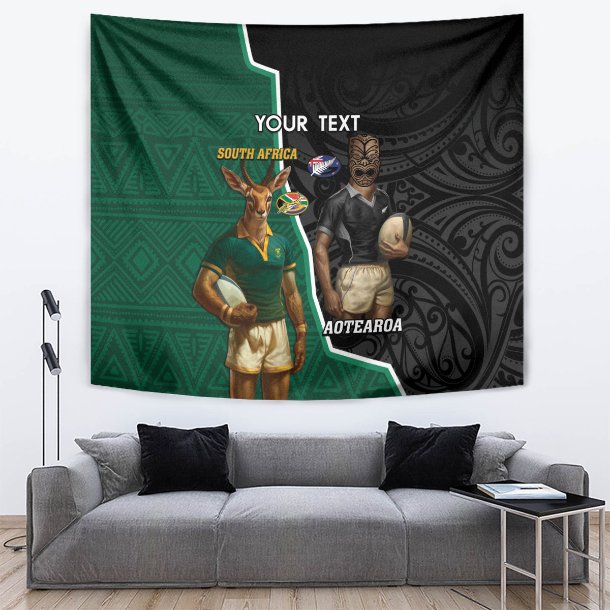 Personalised New Zealand And South Africa Rugby Tapestry 2024 All Black Springboks Mascots Together LT14 Green - Polynesian Pride