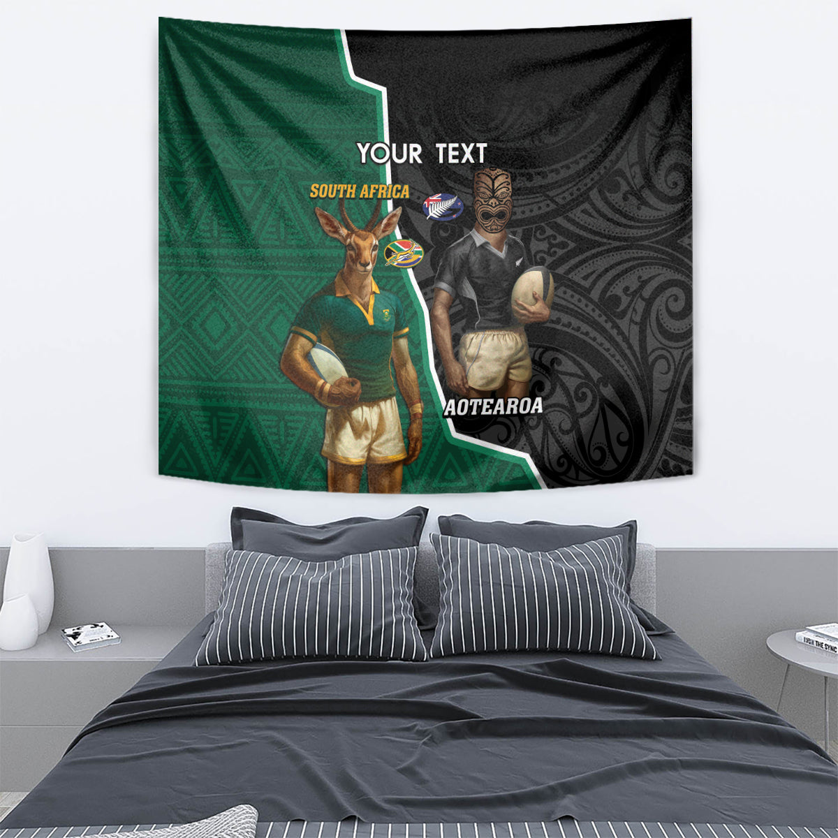 Personalised New Zealand And South Africa Rugby Tapestry 2024 All Black Springboks Mascots Together LT14 - Polynesian Pride