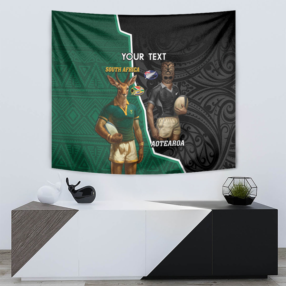 Personalised New Zealand And South Africa Rugby Tapestry 2024 All Black Springboks Mascots Together LT14 - Polynesian Pride