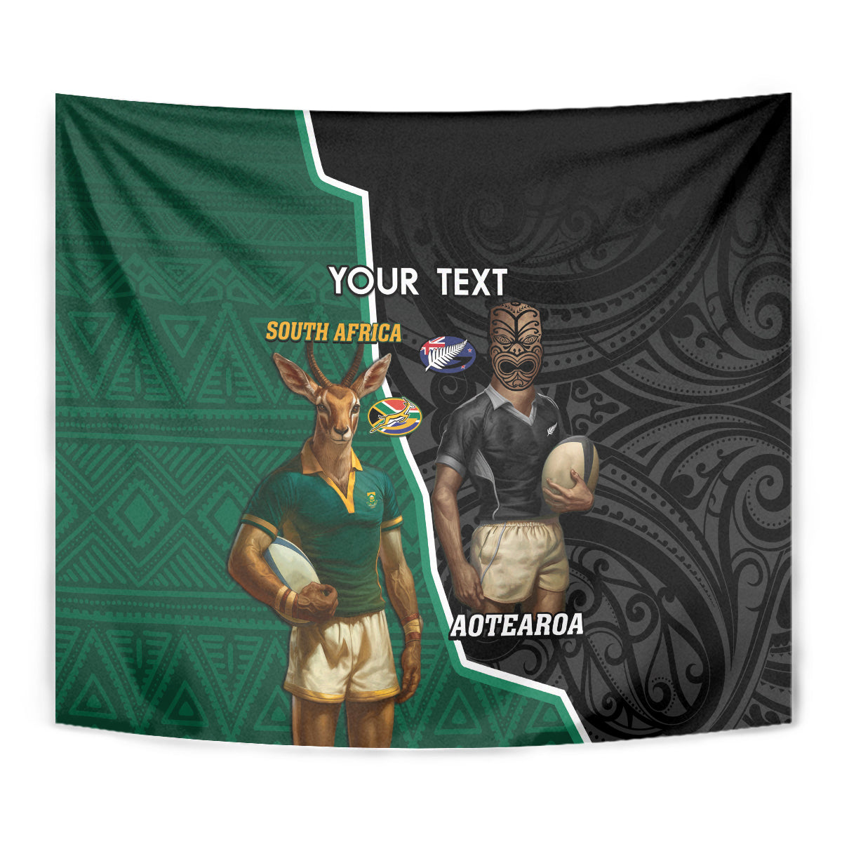 Personalised New Zealand And South Africa Rugby Tapestry 2024 All Black Springboks Mascots Together LT14 - Polynesian Pride