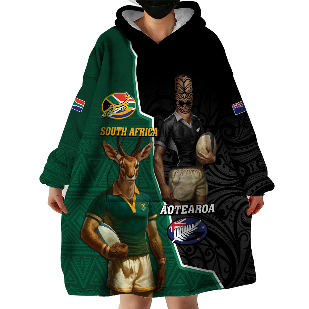 Personalised New Zealand And South Africa Rugby Wearable Blanket Hoodie 2024 All Black Springboks Mascots Together LT14 - Polynesian Pride