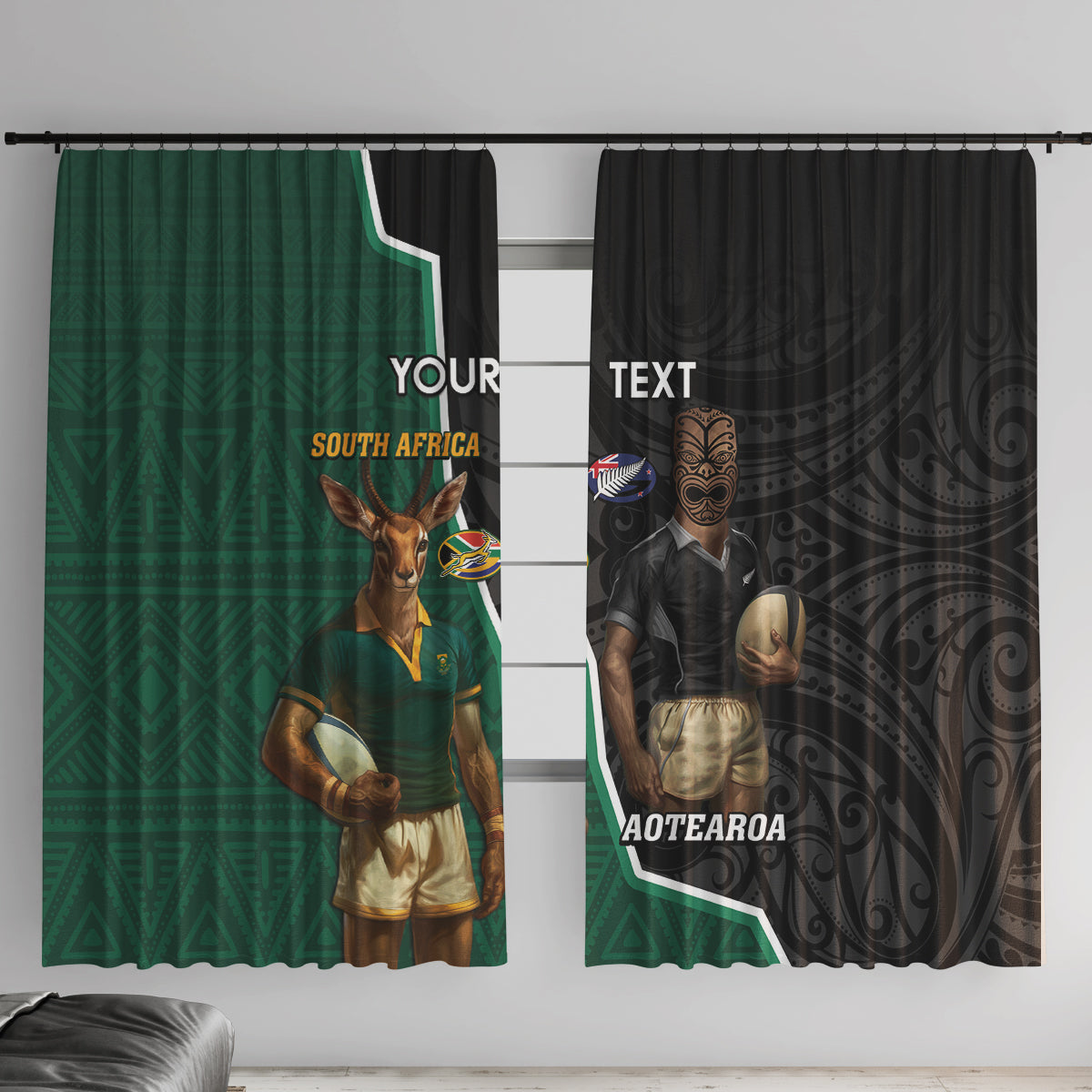 Personalised New Zealand And South Africa Rugby Window Curtain 2024 All Black Springboks Mascots Together LT14 With Hooks Green - Polynesian Pride
