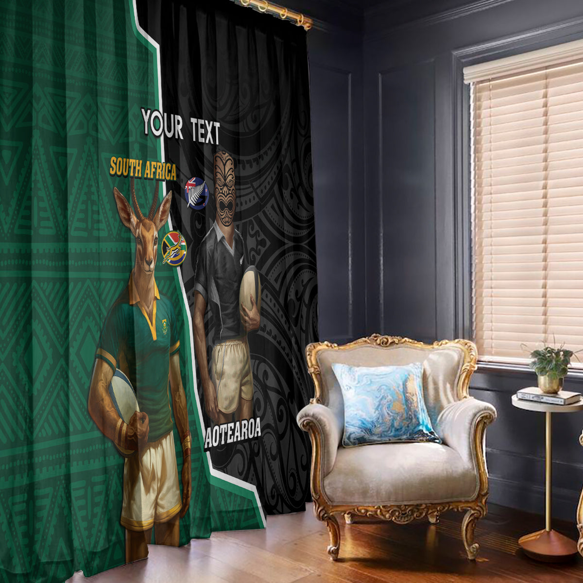 Personalised New Zealand And South Africa Rugby Window Curtain 2024 All Black Springboks Mascots Together LT14 - Polynesian Pride