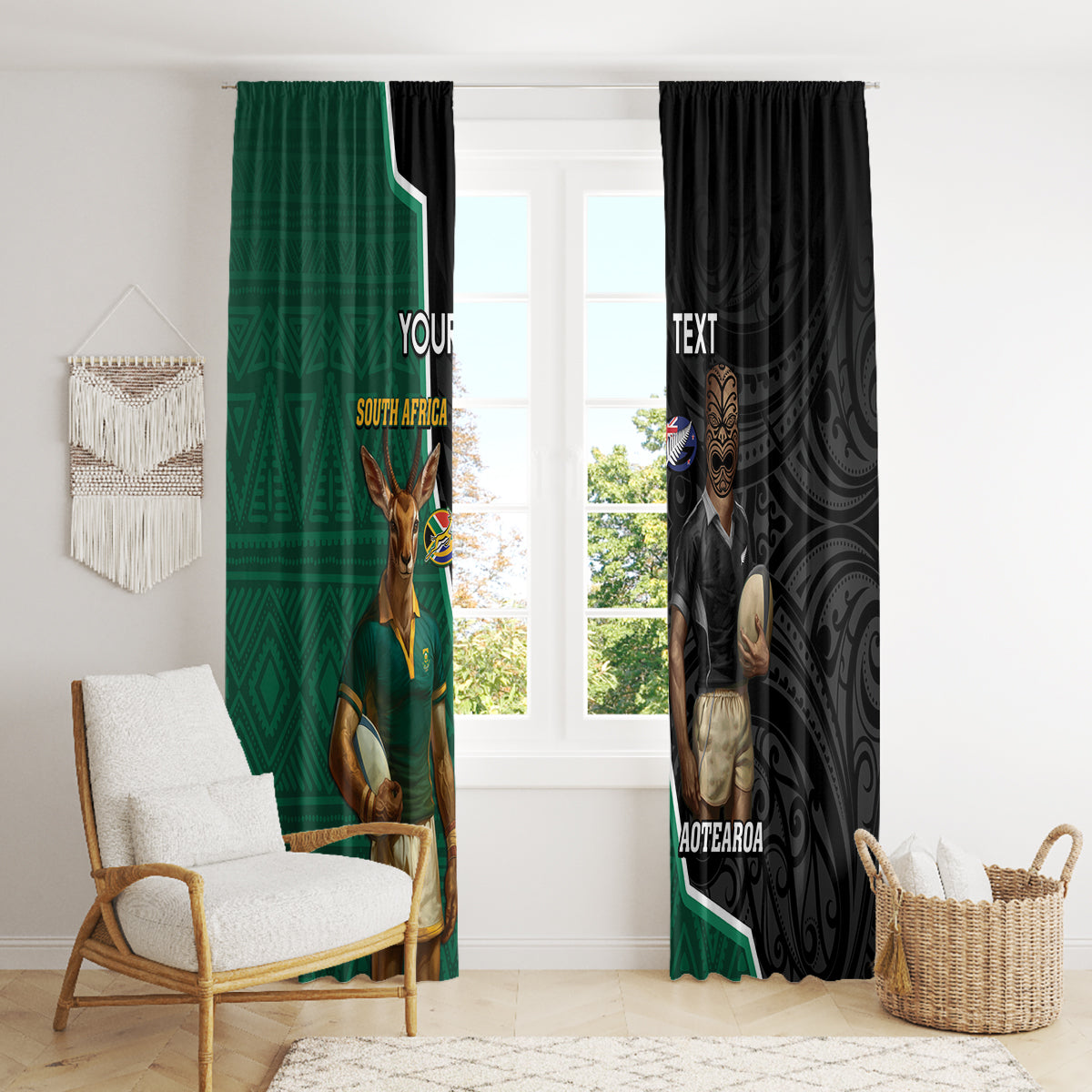 Personalised New Zealand And South Africa Rugby Window Curtain 2024 All Black Springboks Mascots Together LT14 - Polynesian Pride