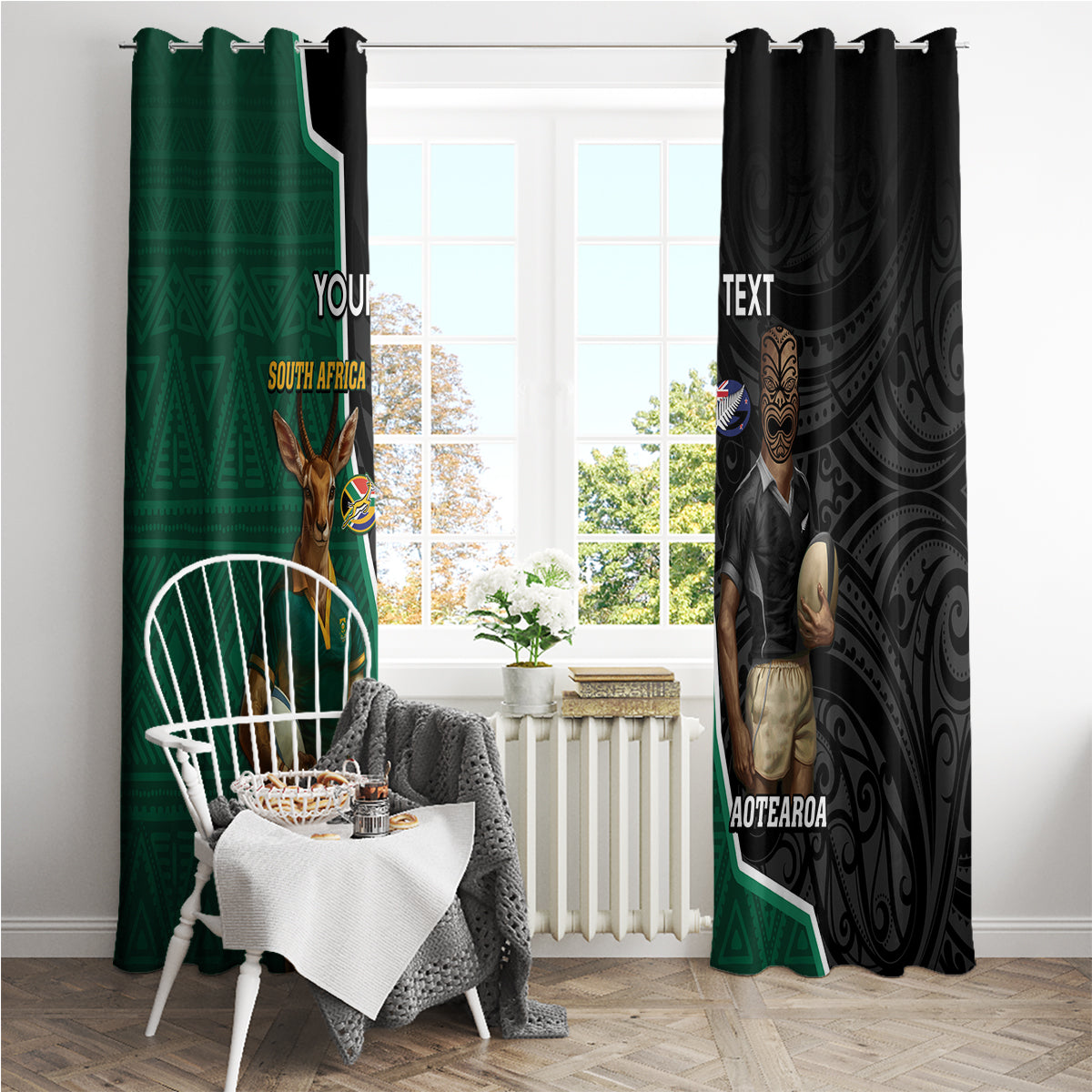 Personalised New Zealand And South Africa Rugby Window Curtain 2024 All Black Springboks Mascots Together LT14 - Polynesian Pride