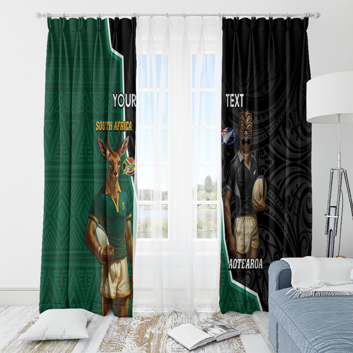 Personalised New Zealand And South Africa Rugby Window Curtain 2024 All Black Springboks Mascots Together LT14 - Polynesian Pride